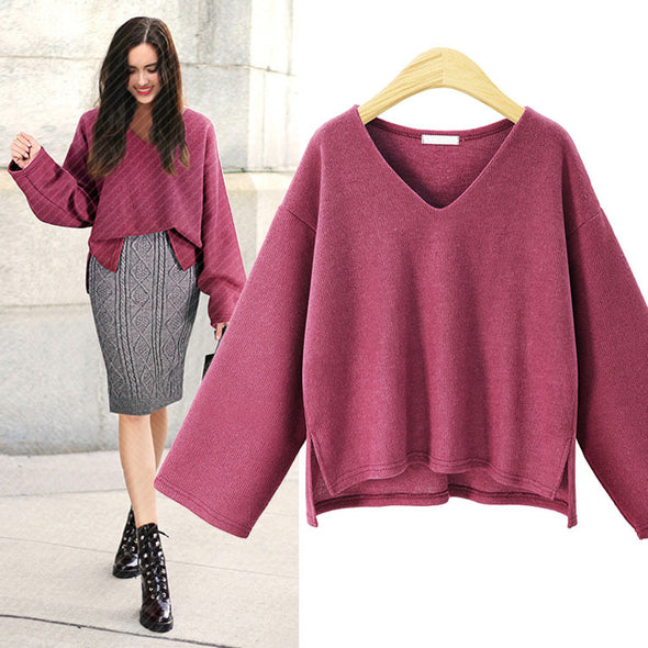 Split V- neck Long Sleeve Sweaters