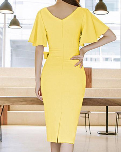 Fashion V-Neck Bandage Ruffle Sleeve Bodycon Dress