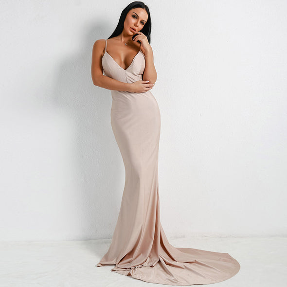 V-neck Sling Elegant Solid Evening Dress