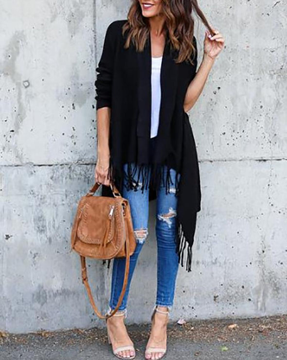 Casual Long Sleeve Knitted Tassels Sweaters