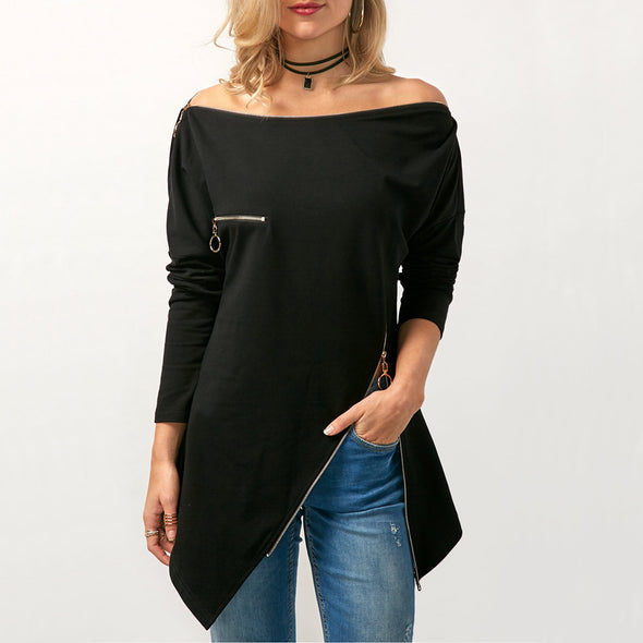 Zipper Off Shoulder  Split Long Sleeve Sweatshirt