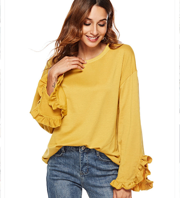 Lotus leaf Pure Color Round Neck Sweatshirt