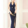 Sexy V Collar Pure Color Sleeveless Split backless Evening Dress