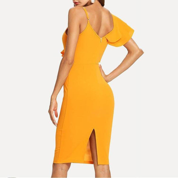 Pure Color Deep V Collar Ruffles Package Hip Bodycon Dress