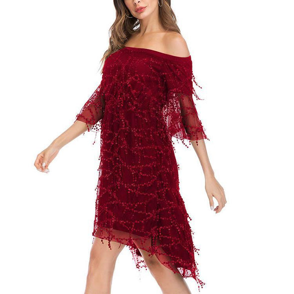 Off Shoulder Flare Sleeve Sequin Irregular Evening Dress