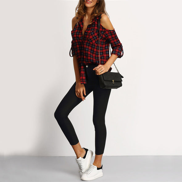 Women's Off-Shoulder Plaid Shirt