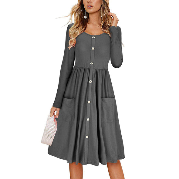 Women's Button Pocket Solid Color Long-Sleeved Dress