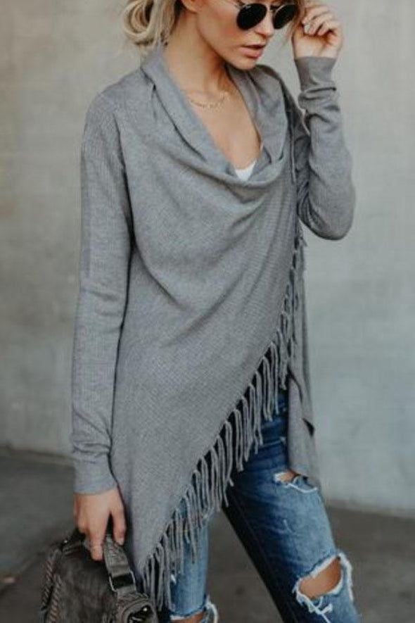 Fashion Solid Asymmetric Hem Tassel Cardigans