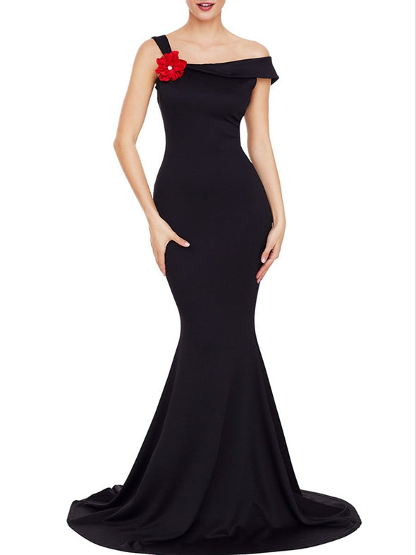 Asymmetric Neck Floral Mermaid Evening Dress