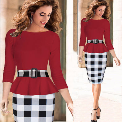 Fake Two-Piece Plaid Stitching Long Sleeve Dress