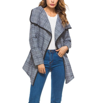 Plaid Woolen Lapel Long Sections Coat