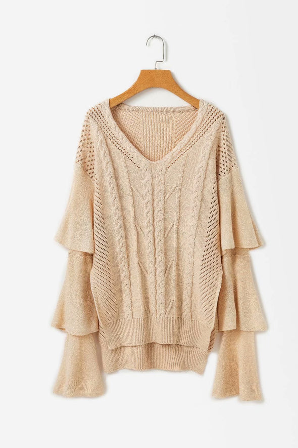 Solid Color V-Neck Cascading Sweater