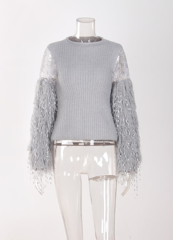 Fashion Tassel Patchwork  Round Neck Sweaters