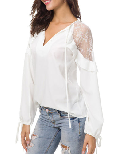 Lace-Paneled V-Neck Long-Sleeved Chiffon Shirt