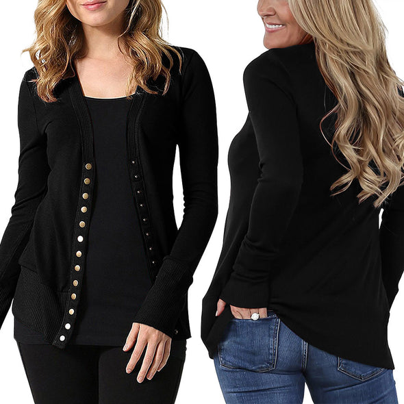 New Solid Color V-Neck Long-Sleeved Button Knit Cardigan