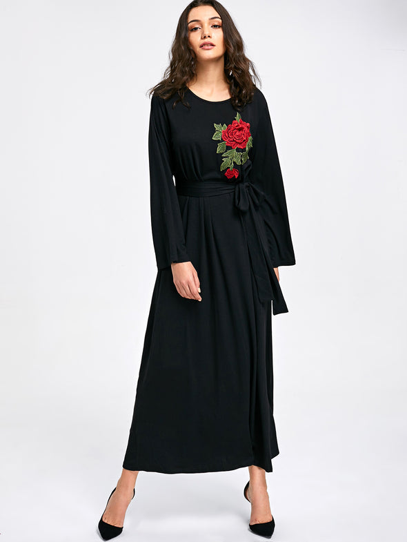 Embroidery Long Sleeve Black Shift Dresses