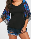 Printed Short-Sleeved Lace Stitching V-Neck T-Shirt