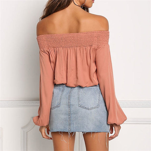 Fashion Solid Off Shoulder Slash Neck Bandage Shirt