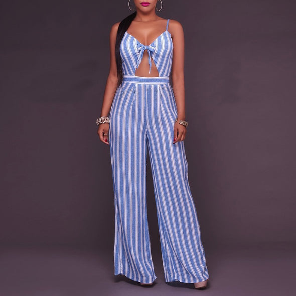 Stripe Printed Sexy V Collar Sleeveless Slim Jumpsuit