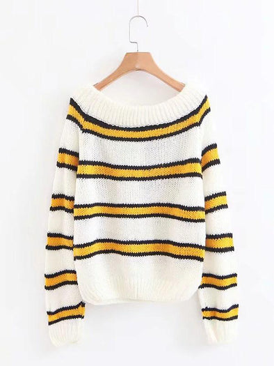 Knitting Striped Puff Sleeve Sweater Tops