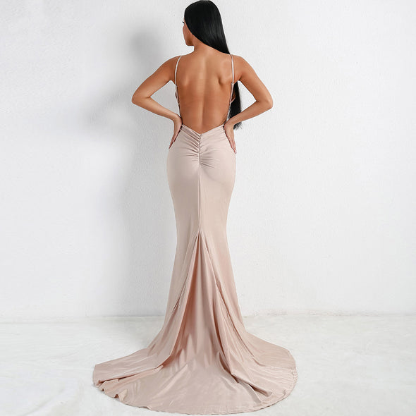 V-neck Sling Elegant Solid Evening Dress