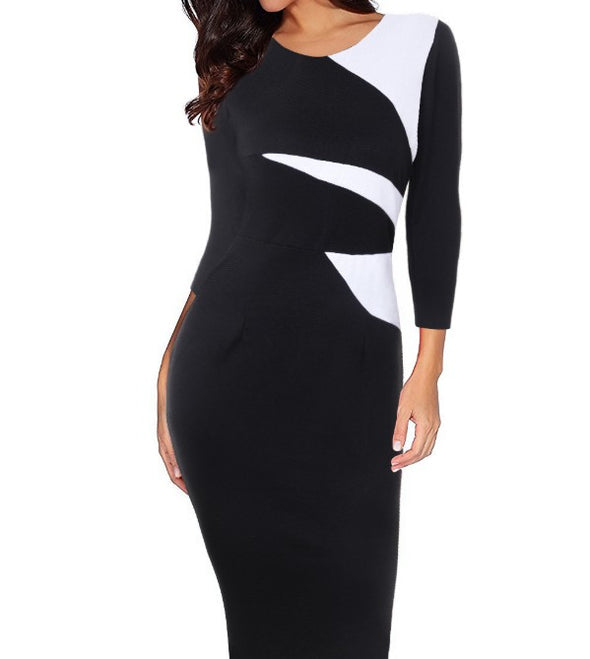 Hit Color Patchwork 3/4 Sleeve Slim Bodycon Dress