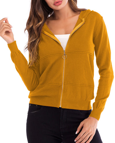 Solid Color Hooded Zipper Long Sleeve Knit Cardigan