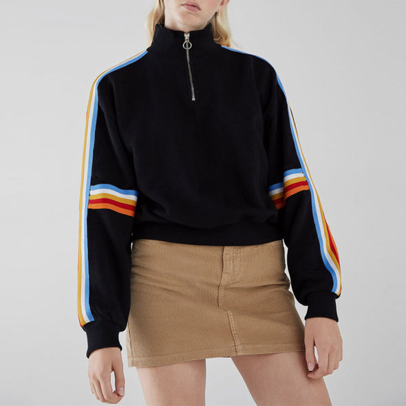 Zipper Long Sleeve Rainbow Strip Loose High Collar Sweater