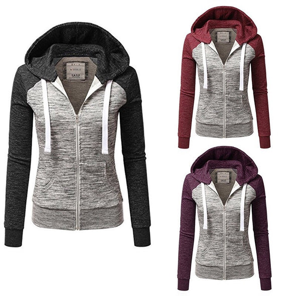 Fashion Stitching Slim Hooded Cardigan Sweatshirt