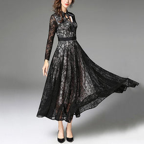 Bow Collar Lace Long-Sleeved Evening Dress