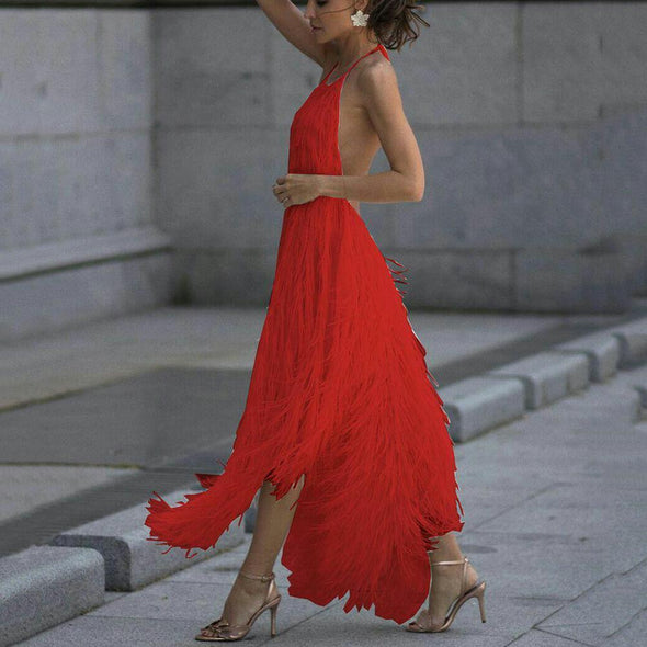 Sexy Backless Sleeveless Tassel Evening Maxi Dress