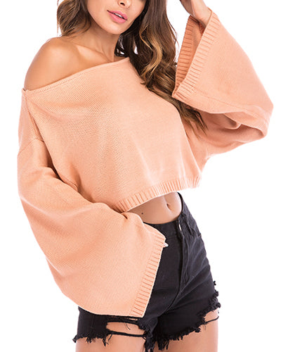 New Off-The-Shoulder Short Bat Sleeve Solid Color Knit T-Shirt