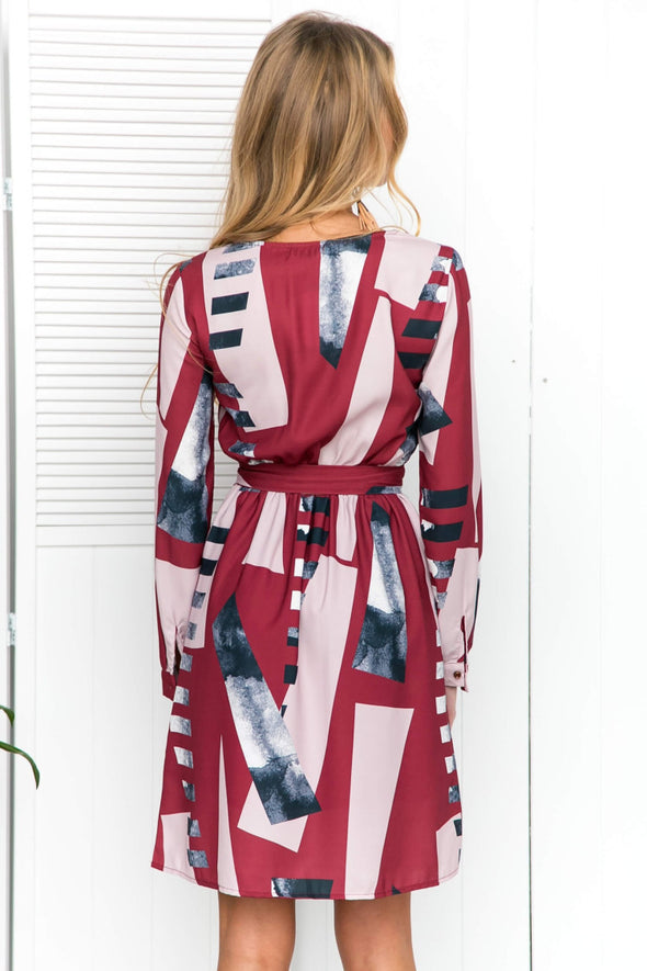 New Geometry Color Matching Printed Long Sleeve  Dress