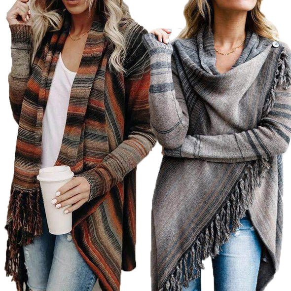 Irregular Fringed Striped Knit Cardigan