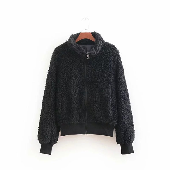 Thick Artificial Fur Pure Color Long Sleeve Warm Jacket