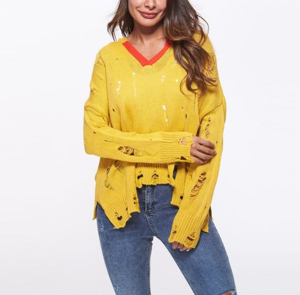 Hit Color Hole V- neck Sweaters