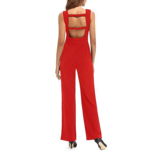 Sexy Deep V Collar Solid Color Sleeveless Jumpsuit With Pockets