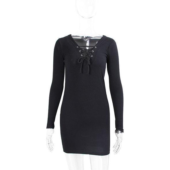 Slim V neck Cotton Long Sleeve Bodycon Dress