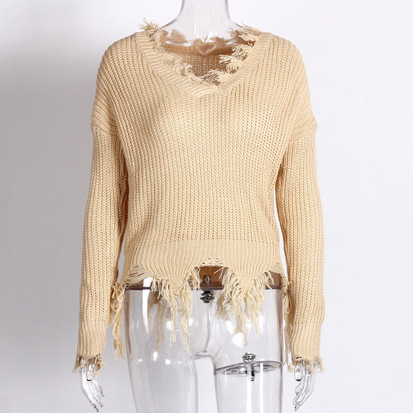 Fringed V-Neck Irregular Sweater