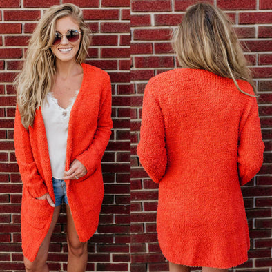 Sexy Plush Double Pocket Round Neck Long Sleeve Cardigan