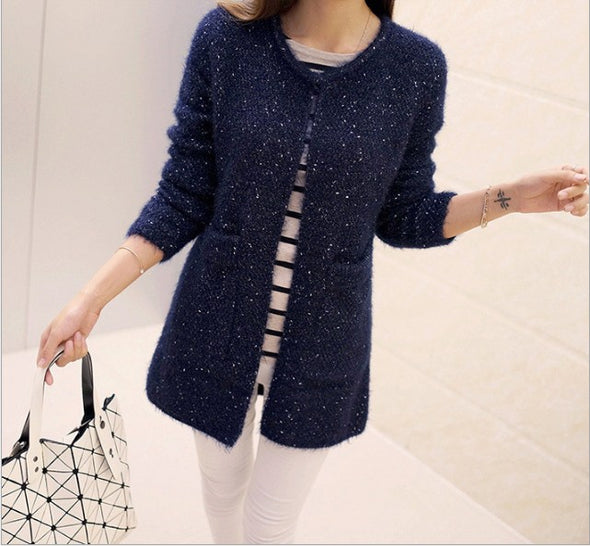 Pure Color Long Sleeve Round Neck Loose Cardigan Outwear