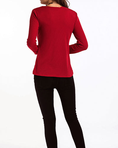 Solid Color V-Neck Tie With Long Sleeves Loose Sweater