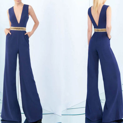 Deep V Pocket Plain Wide-Leg Jumpsuit