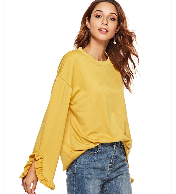 Lotus leaf Pure Color Round Neck Sweatshirt