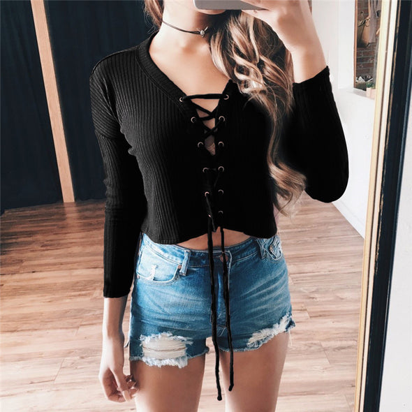 New Solid Color Lace-up Sweater Top