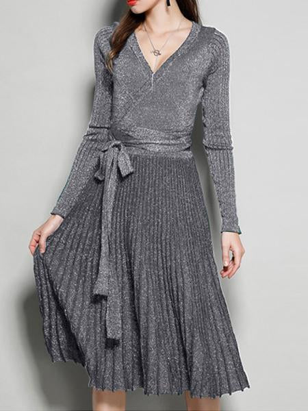 Women's New V-Neck Long Sleeve Knit Silk Pleated Dress