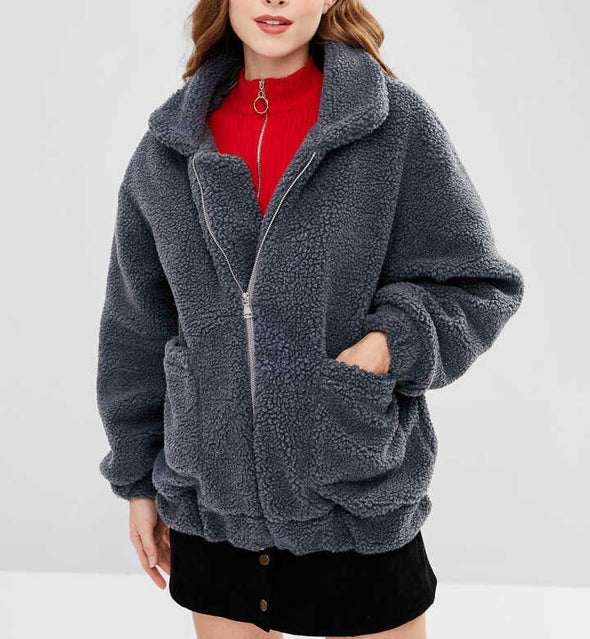 Casual Solid Long Sleeve Zipper Plush Jacket