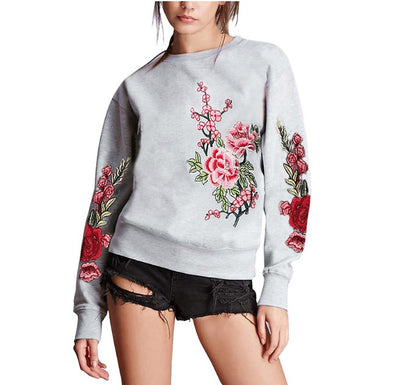 Embroidered Flower Round Neck Long Sleeve Sweatshirt