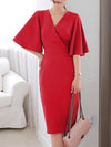 Fashion Solid V-Neck Surplice Plain Bodycon Dress