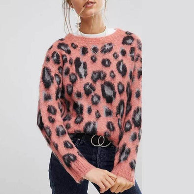 Leopard Print Round Collar Long Sleeve Knitting Sweater